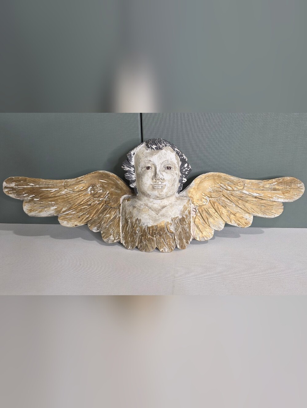 Vintage Carved Wood Cherub Wall Hanging Gold Wings Putti Angel 20"